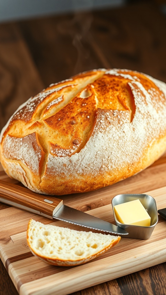A golden crusted artisan bread loaf on a wooden board with a knife and butter.
